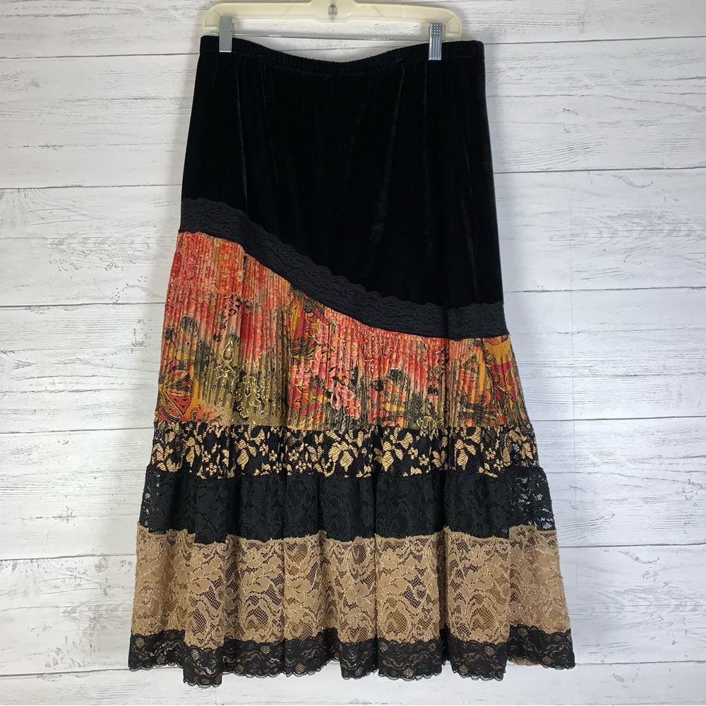 Y2K Coldwater Creek Women's M Black Velvet Boho Patchwork Maxi Skirt Festival